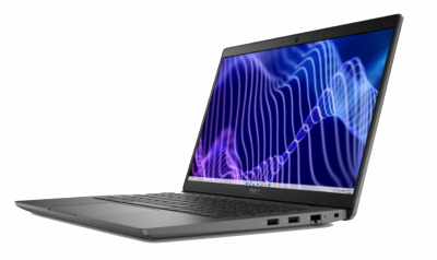 Grey laptop with purple waves on screen