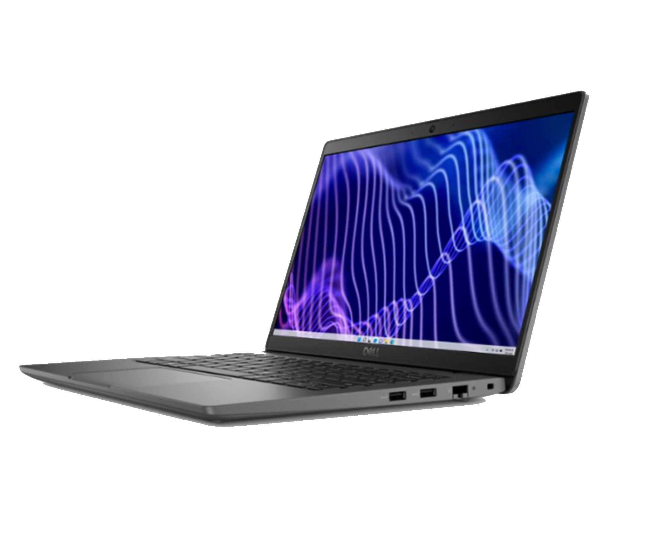 Grey Dell laptop with purple waves on screen