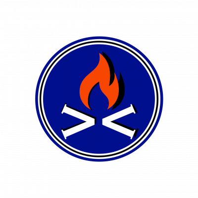 Blue logo representing a campfire 